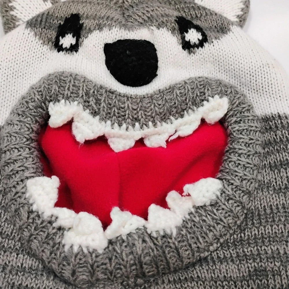 Mountain Warehouse Bear? Mask Winter Hat Gray Boy's Knit Fleece Lined Ears Face